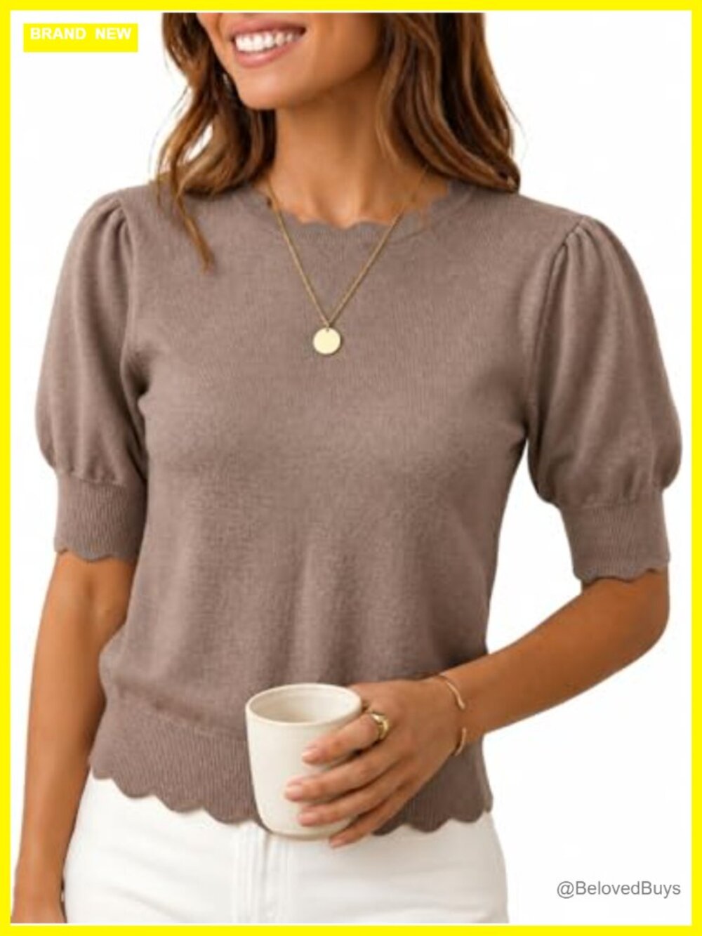 Womens Short Sleeve Sweater Scalloped Crewneck Puff Sleeve Knit Pullover Top
